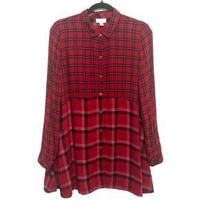 J. Jill Mixed Plaid Shirt Tunic Sz S Petite Red Flowy Lagenlook Pockets